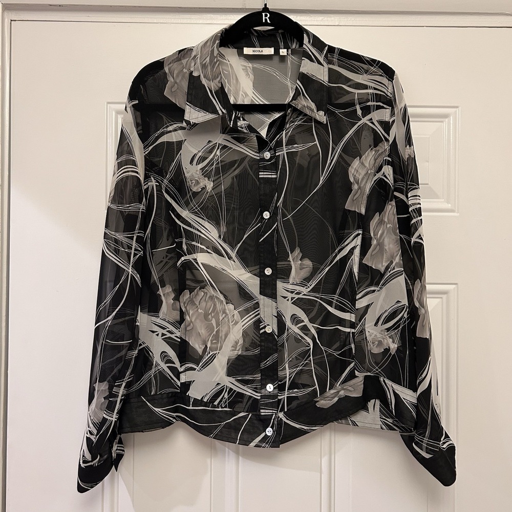 Nicola‎ Black White Sheer Button Down Shirt Top Large Funky Abstract Artsy Large
